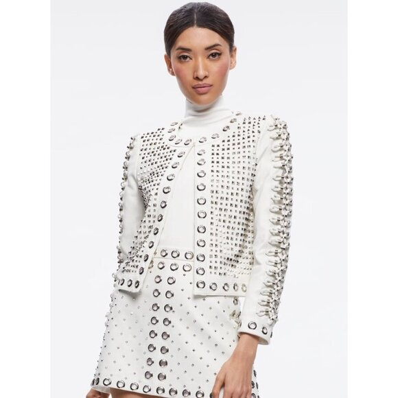 ALICE + OLIVIA Women's Kidman Embellished Leather Jacket Size S In White/Silver - Picture 1 of 14